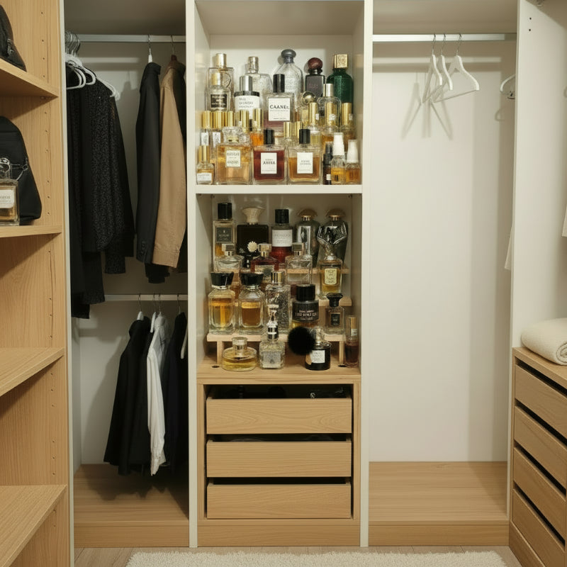 présentoirs en bois pour rangement parfums dans une armoire