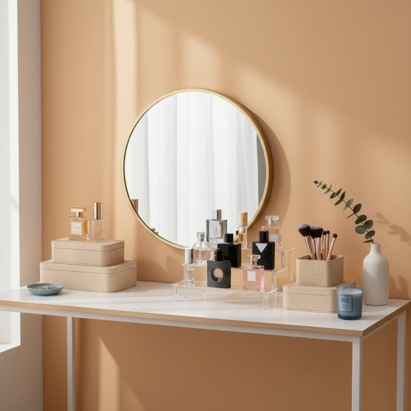 présentoir parfum transparent sur coiffeuse