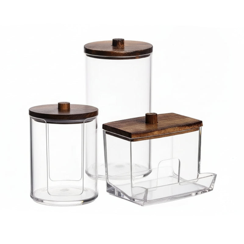 rangement pour coton vide de couleur bois foncé sur fond blanc