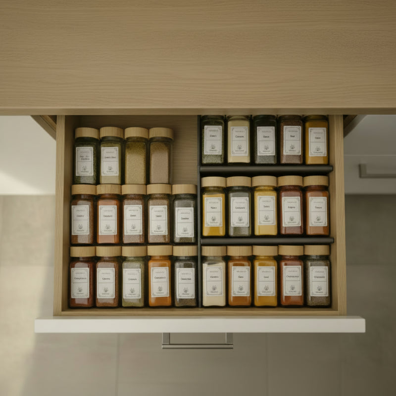 de nombreux pot d'épices rangés à l'ai des rangement épices dans un tiroir