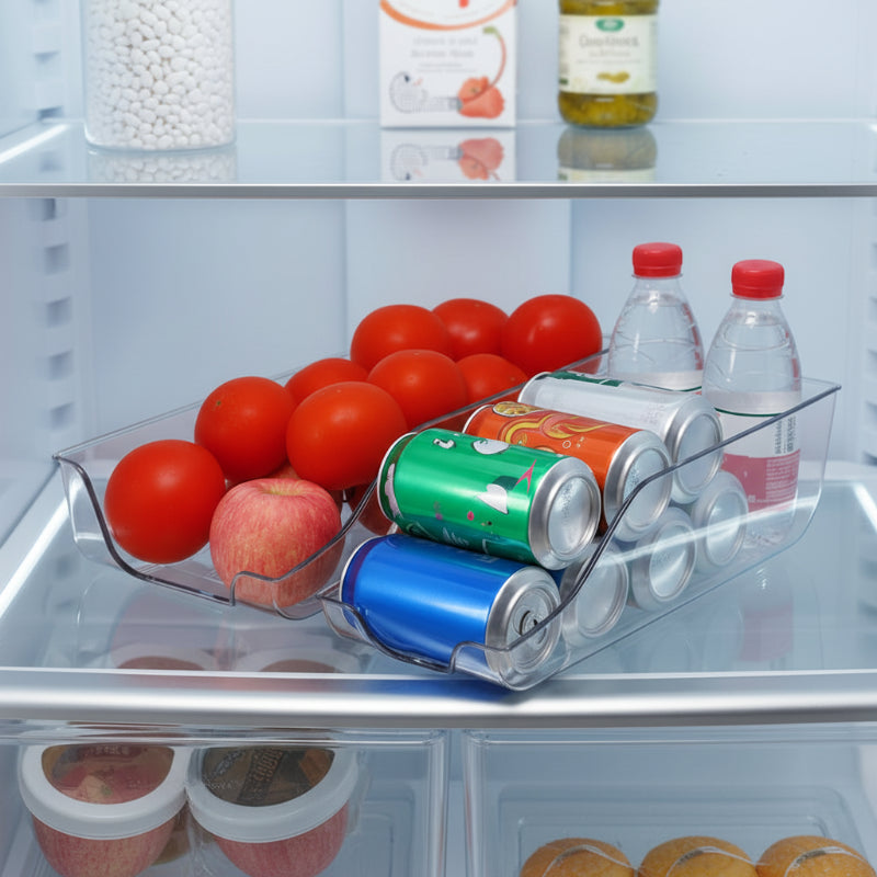 fruits et boissons placés dans le rangement le tout dans le frigo