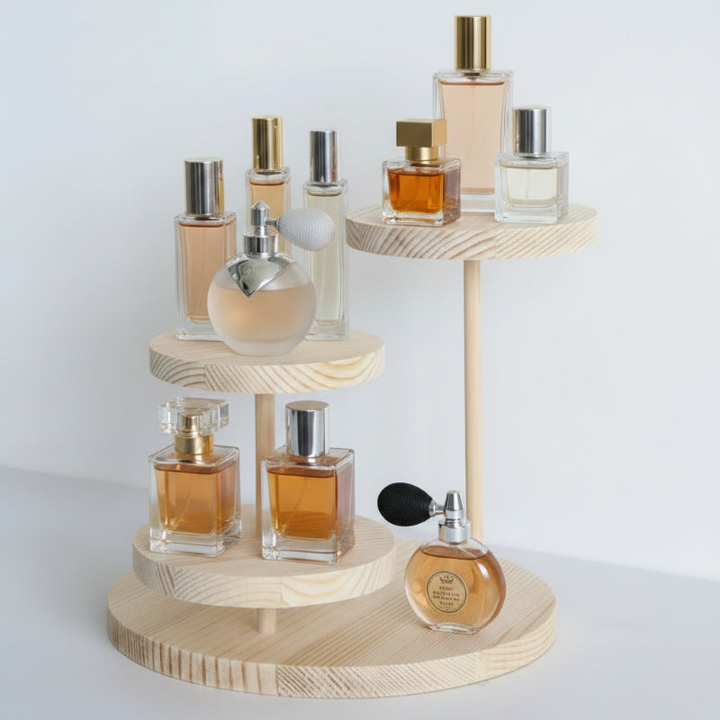 rangement multi-niveaux en bois avec des parfums
