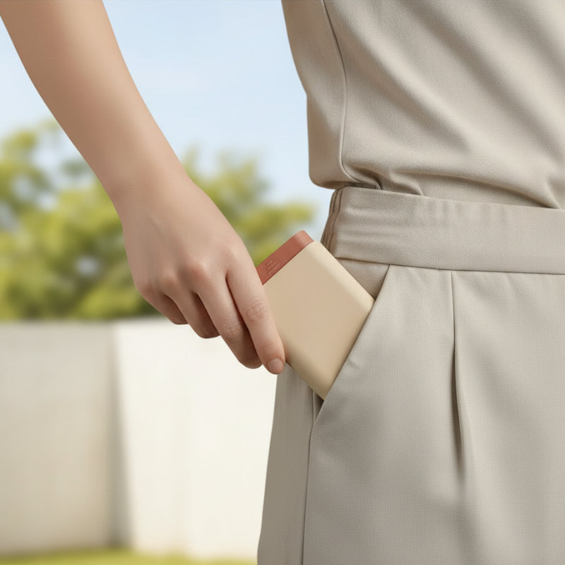 homme range le pilulier de poche dans la poche rose de son pantalon