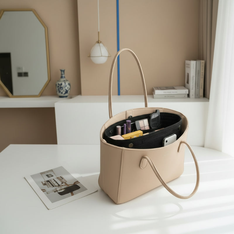 le rangement sac à main noir placé dans un sac à main beige le tout situé sur la table du salon