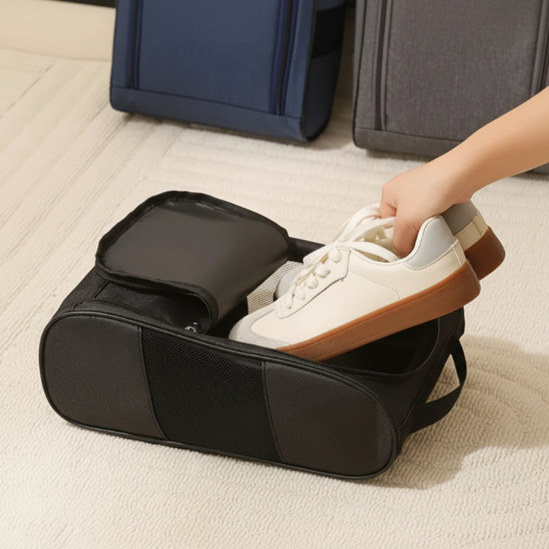 paire de chaussures blanches rangée dans le sac à chaussures