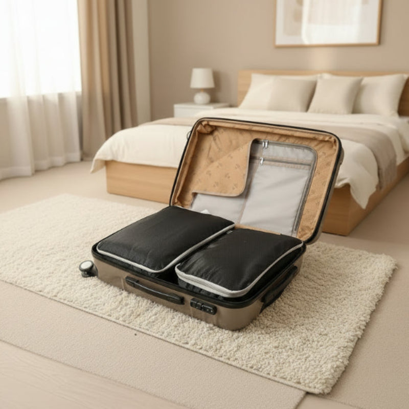 sacs compression rangés dans une valise posé sur un tapis d'une chambre