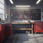 support pour clé plate rouge accroché dans un atelier avec d'autres outils