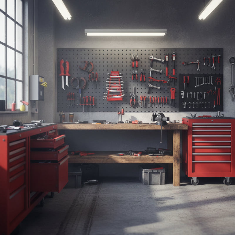 support pour clé plate rouge accroché dans un atelier avec d'autres outils