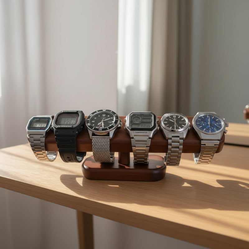 6 montres sur le support pour montre en bois dans une table de salon