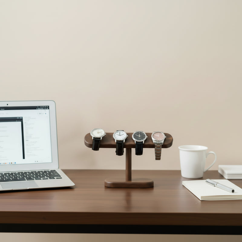 4 montres rangés sur le support pour montre en bois sur un bureau