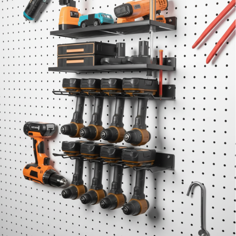 support mural pour visseuse avec visseuses et batteries accrochés dans un atelier
