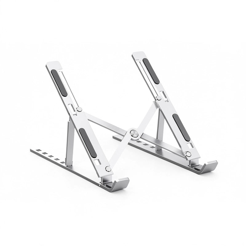 le support pc portable pliable vide de couleur argent sur fond blanc