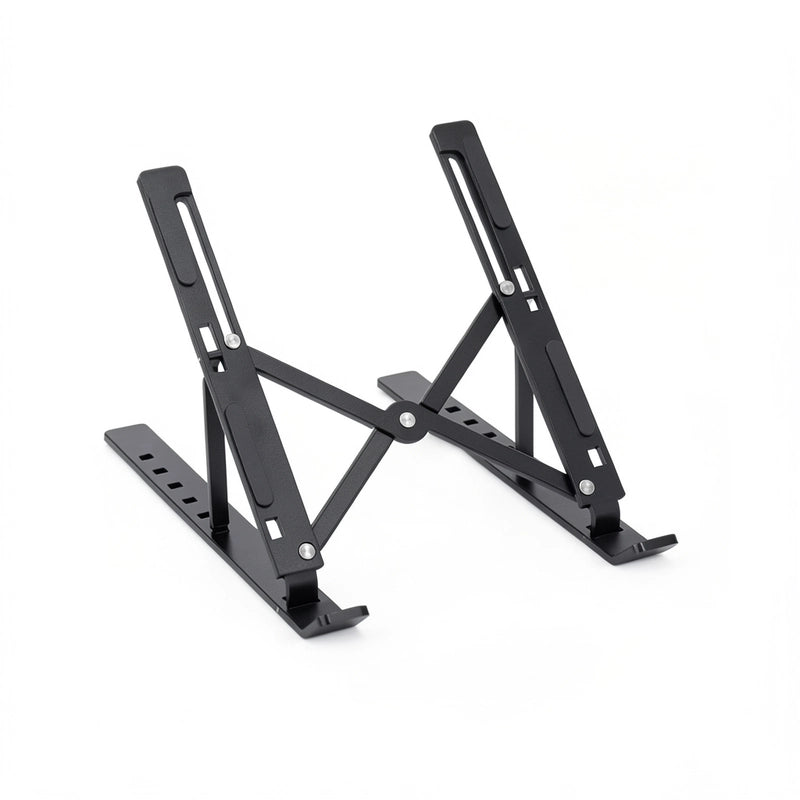 le support pc portable pliable vide de couleur noir sur fond blanc