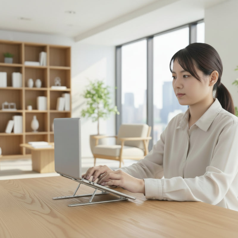 femme utilise le pc sur son support pliable portable en argent dans un salon