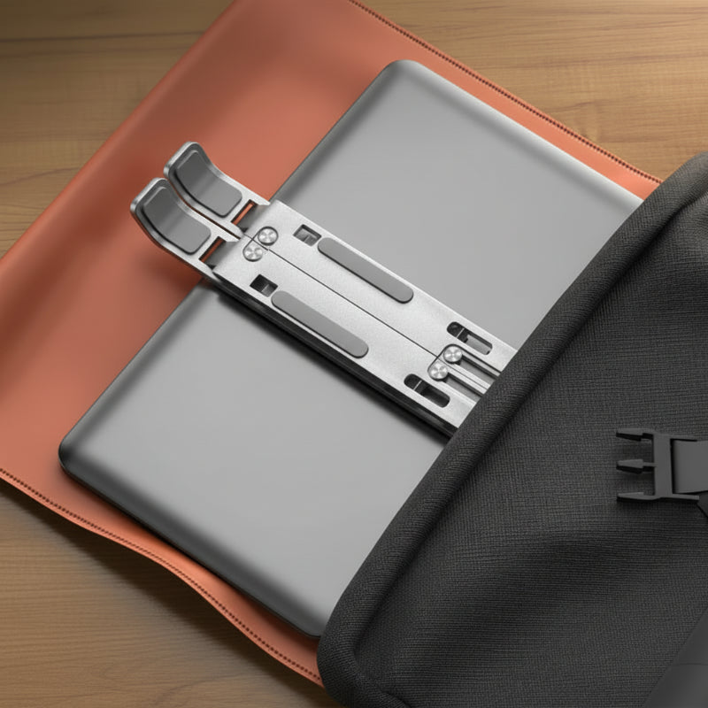 support pliable pc portable plié et rangé dans un sac