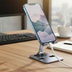 2 supports téléphone argentés dont un avec téléphone qui charge le tout sur un bureau