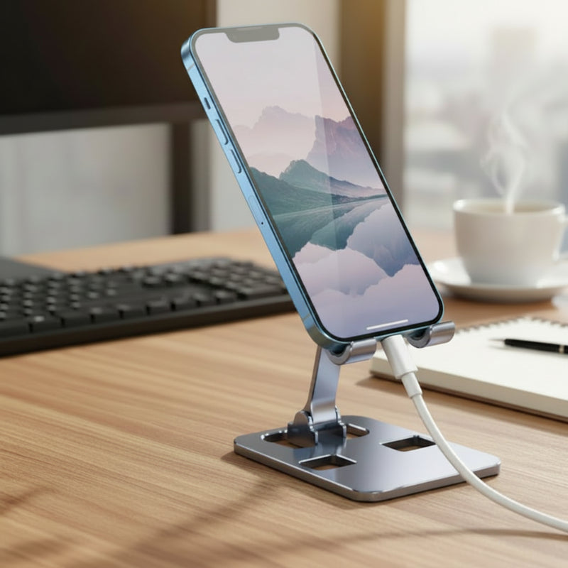 2 supports téléphone argentés dont un avec téléphone qui charge le tout sur un bureau