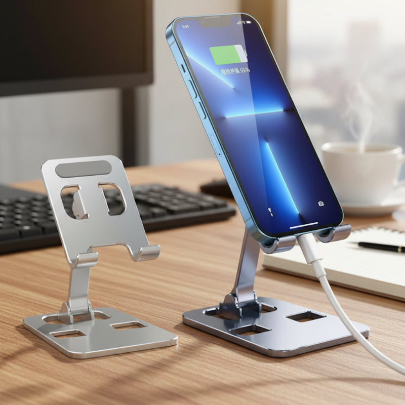 2 supports téléphone argentés dont un avec téléphone qui charge le tout sur un bureau