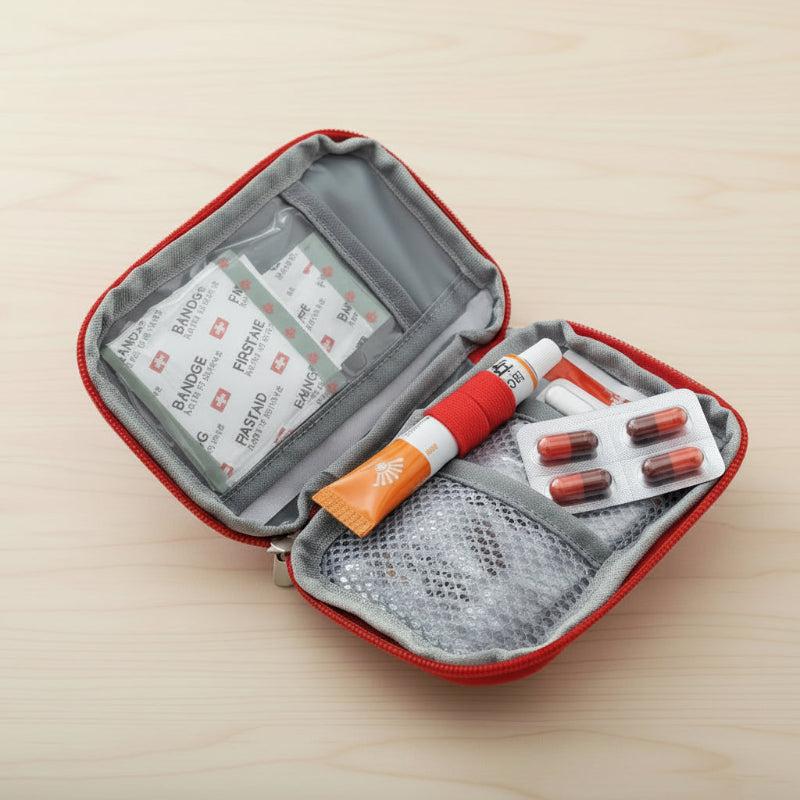 trousse de rangement pour médicament de voyage remplit posé sur une table