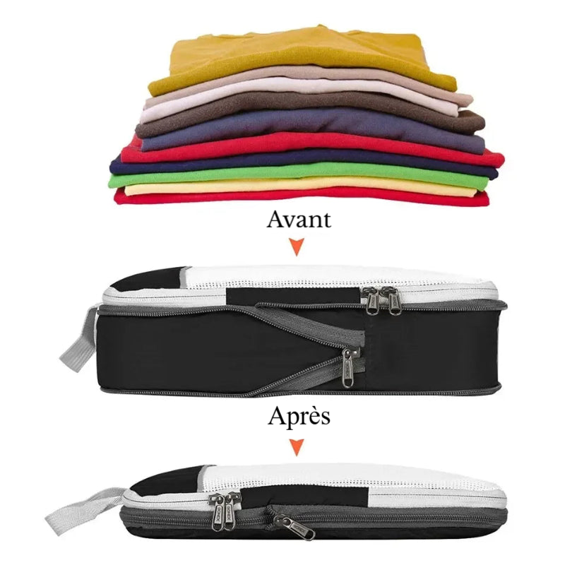 vêtements rangés dans un sac de compression de voyage pour valise